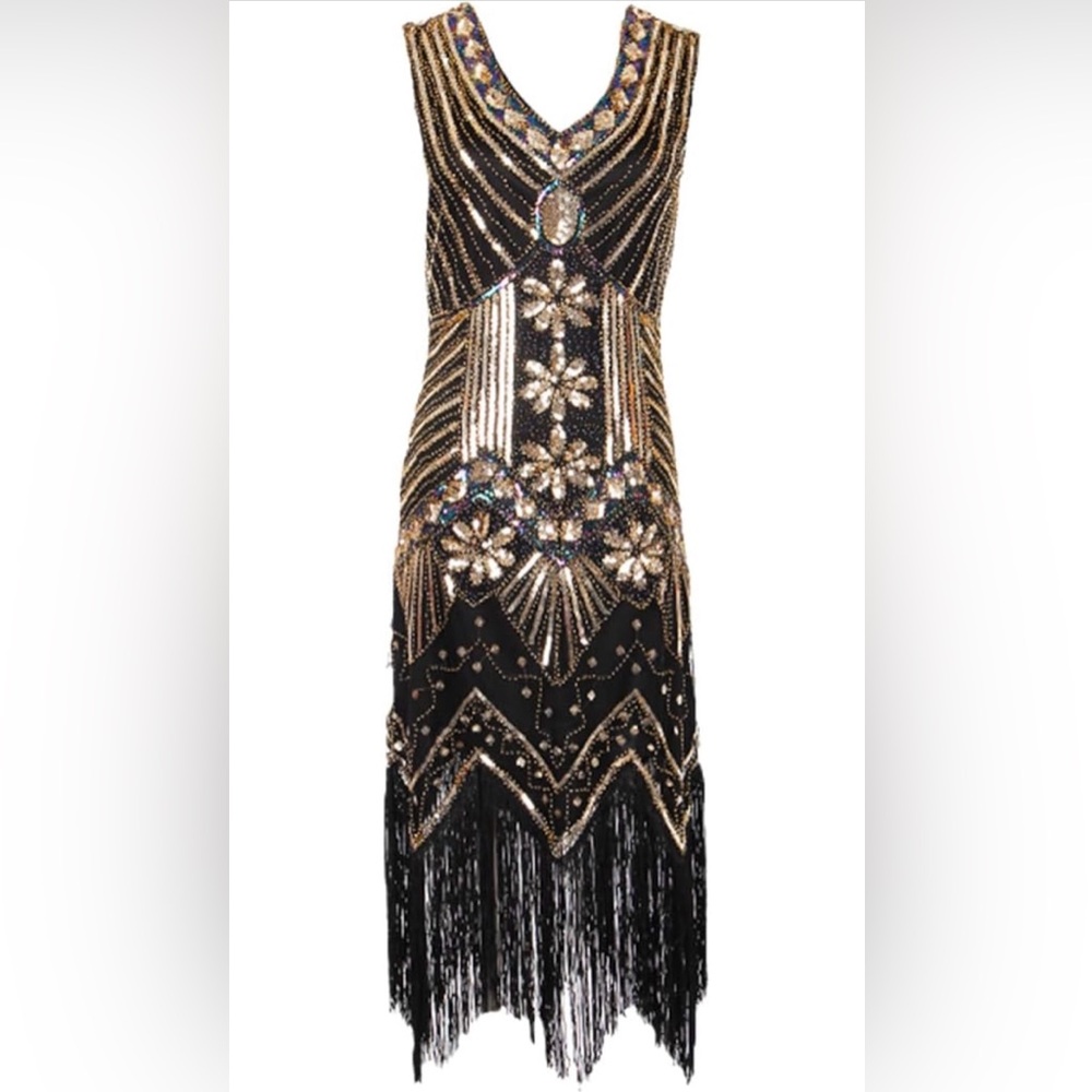 Women's Dress Sequin Dress V Neck Tassel Slim Fit Beaded Party Dress